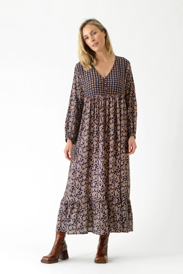 ladies maxi Party Pockets long sleeve boho dress in blue paisley print by One Hundred Stars