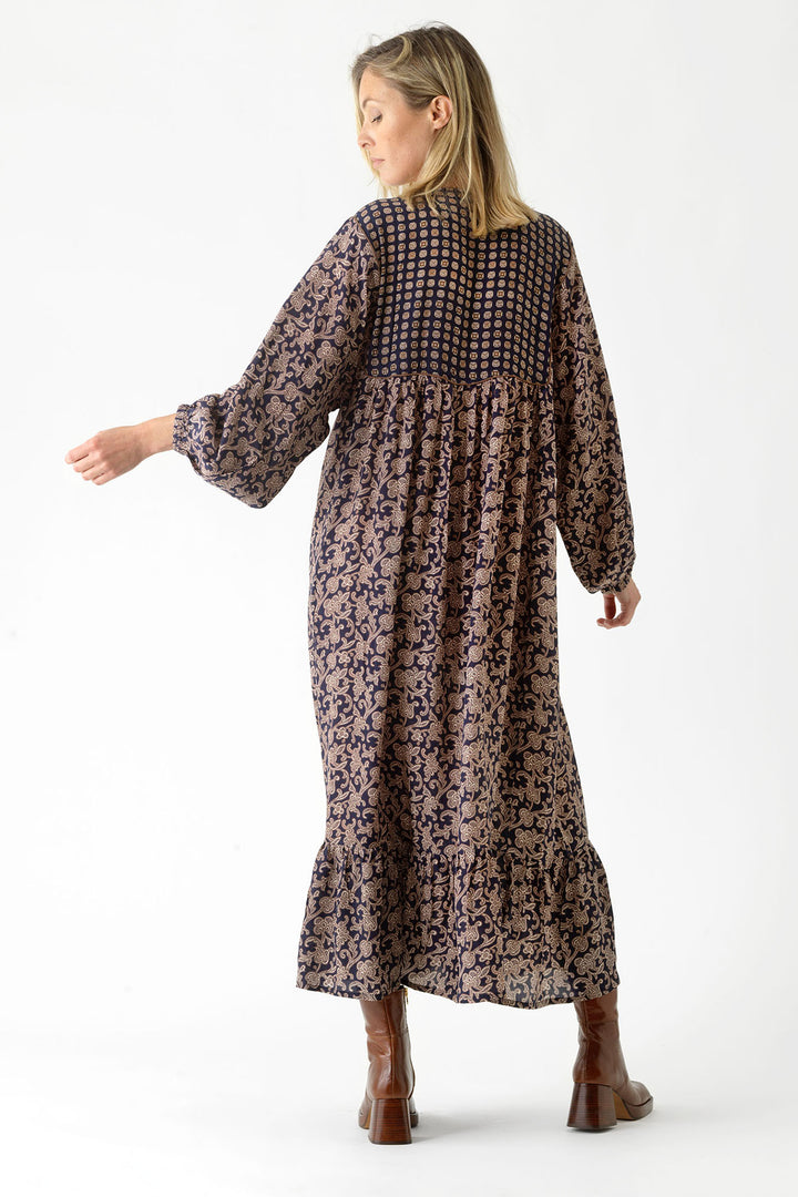 boho maxi dress ladies long sleeve winter in blue paisley print by One Hundred Stars
