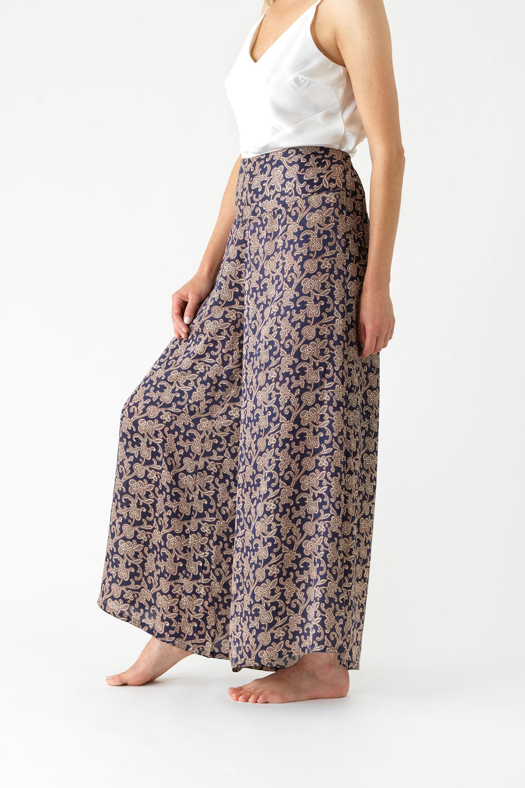 ladies satin palazzo pants in blue paisley print by One Hundred Stars