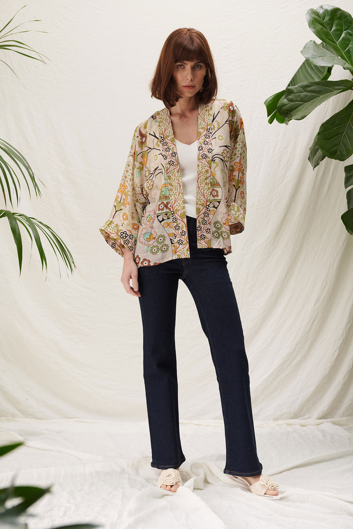 short kimono jacket by one hundred stars with flower arch print in soft pink and sage