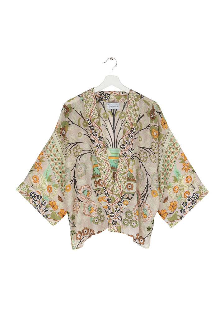 Women's short kimono in floral flower arch sage print by One Hundred Stars