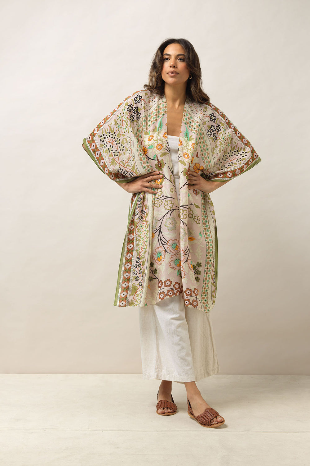 Women's lightweight throwover shawl in floral flower arch sage print by One Hundred Stars