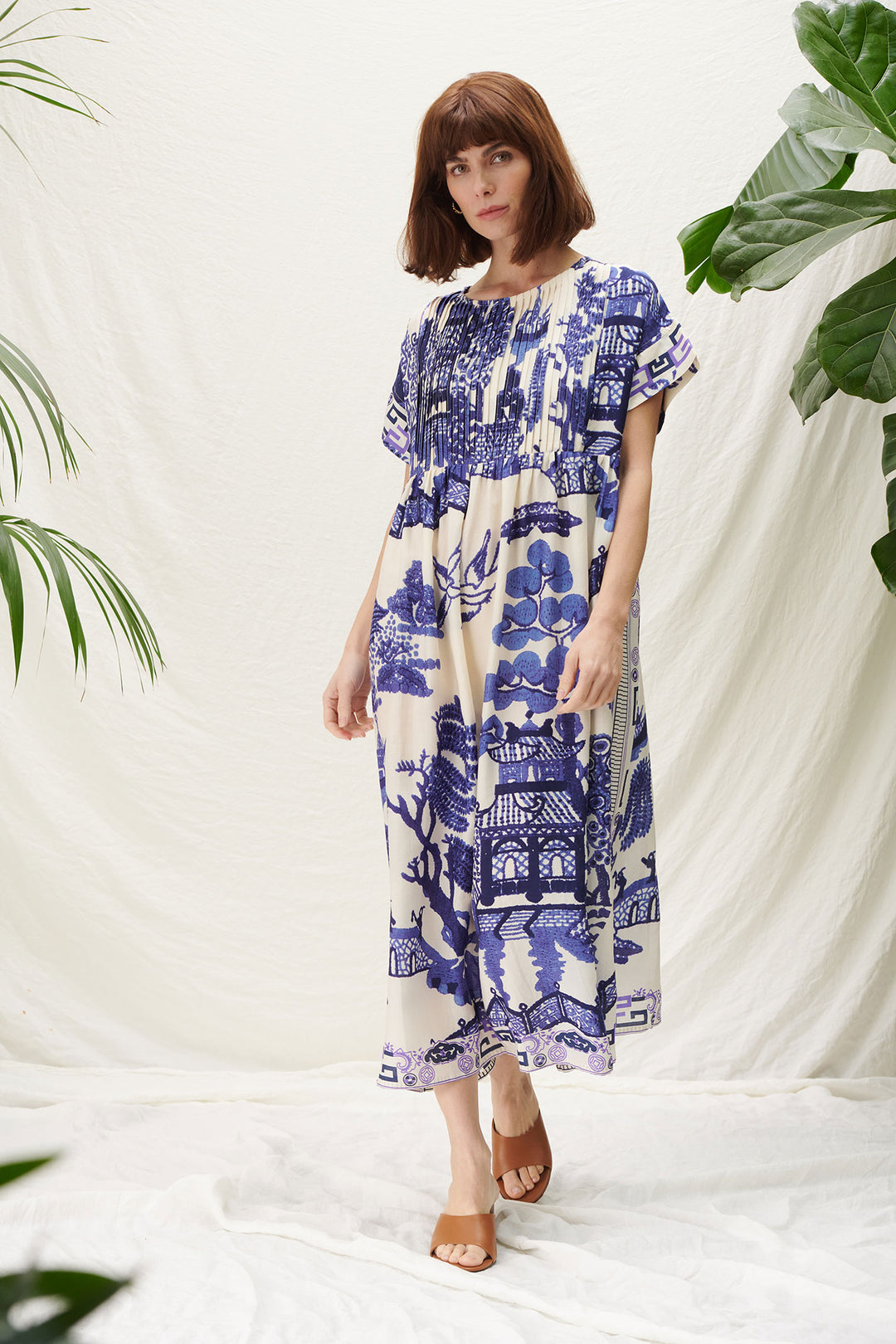 blue and white printed summer dress midi by one hundred stars