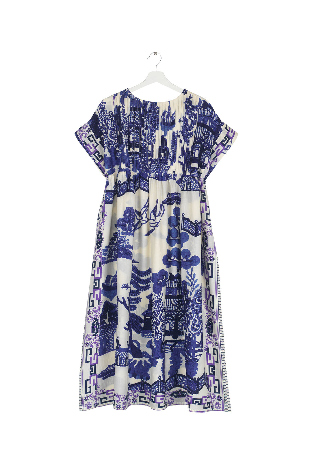 Women's short sleeve pleated dress in blue and white giant willow print by One Hundred Stars