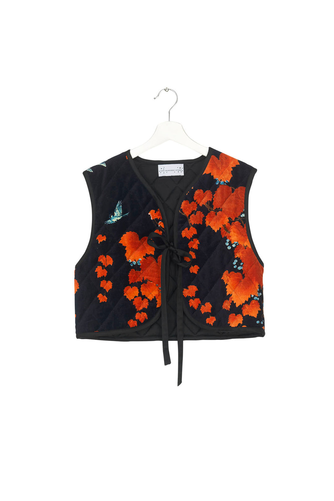 ladies velvet gilet with red maple leafs on black background by One Hundred Stars