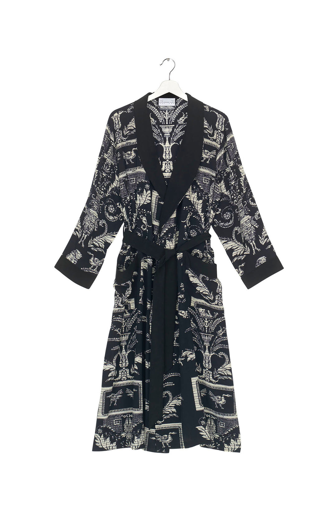 ladies long length belted dressing gown in black and white vintage damask print by One Hundred Stars