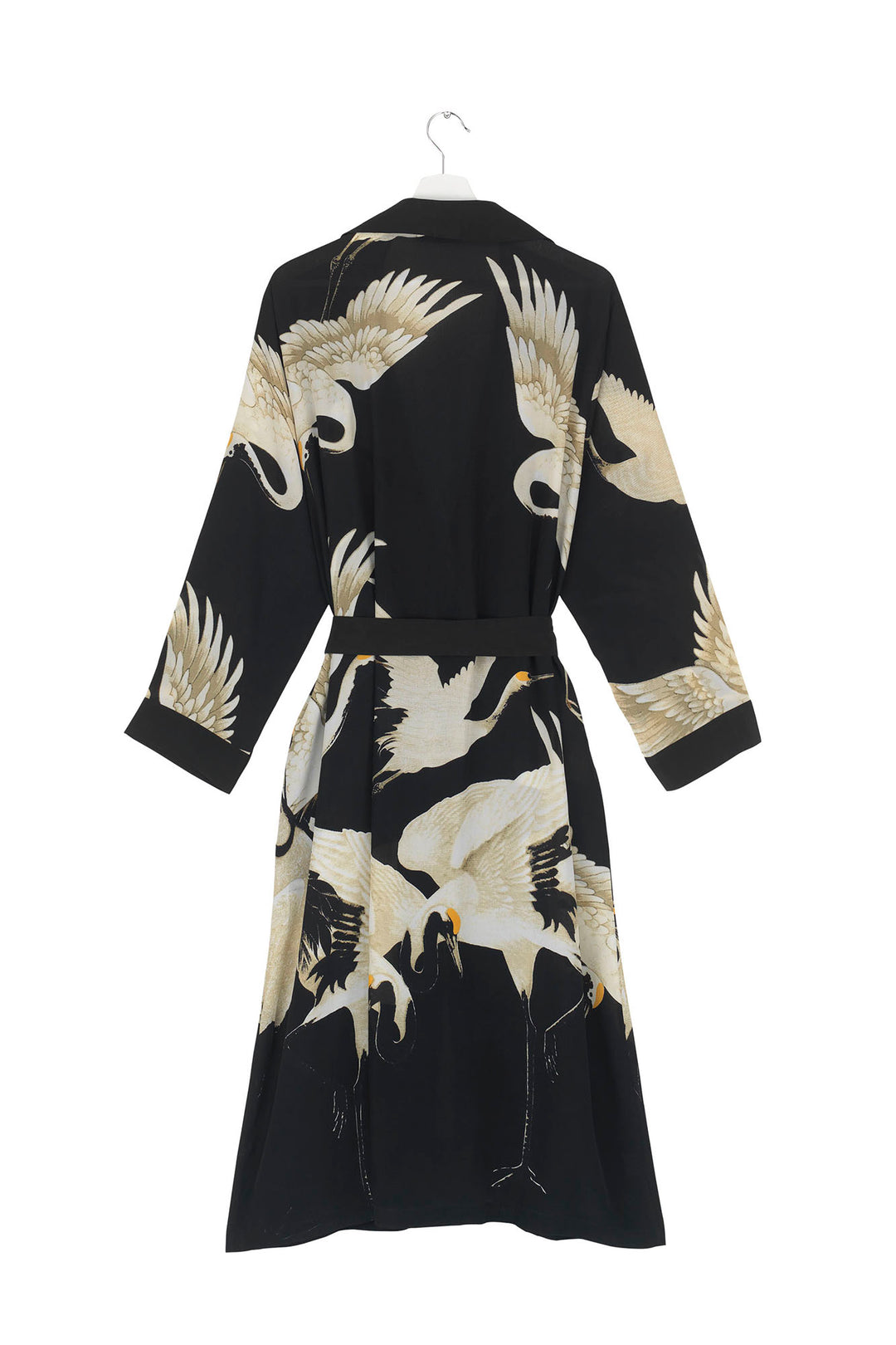 ladies crepe dressing gown black background with stork bird print by One Hundred Stars