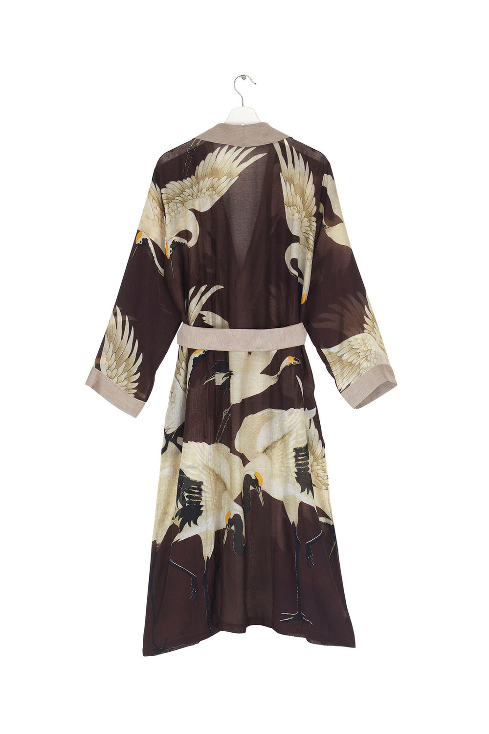 ladies belt dressing gown  burgundy background with stork bird print by One Hundred Stars