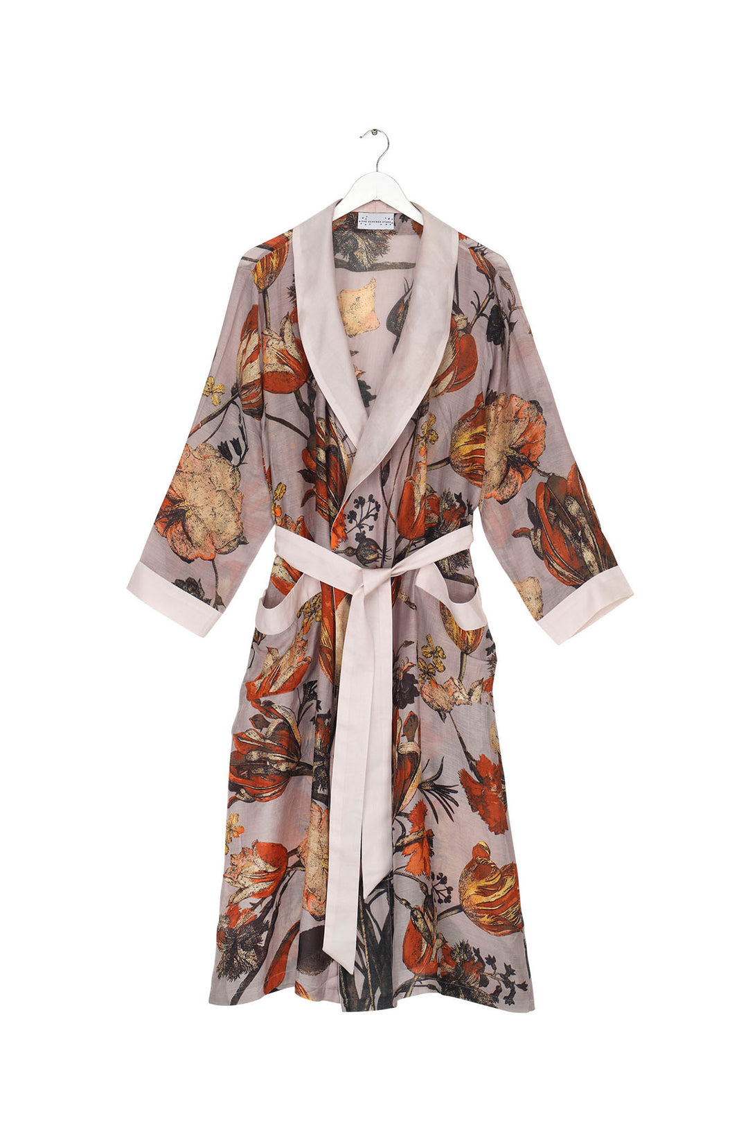 ladies long length belted dressing robe gown floral print features antique style tulips across a dusky pink background by One Hundred Stars