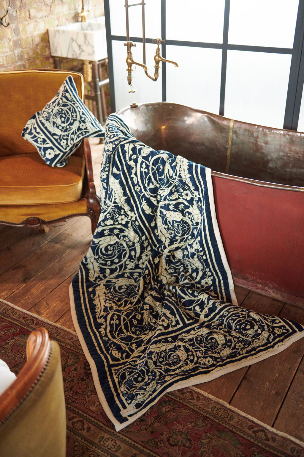 velvet blanket throw homeware in Jaipur blue and cream print by One Hundred Stars