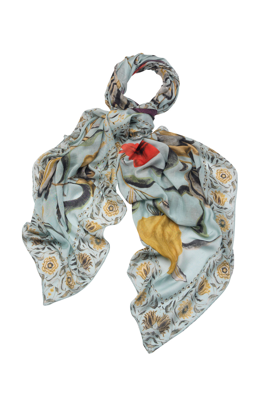 Women's accessories, gifts for her. Large scarf in aqua with floral joy print by One Hundred Stars