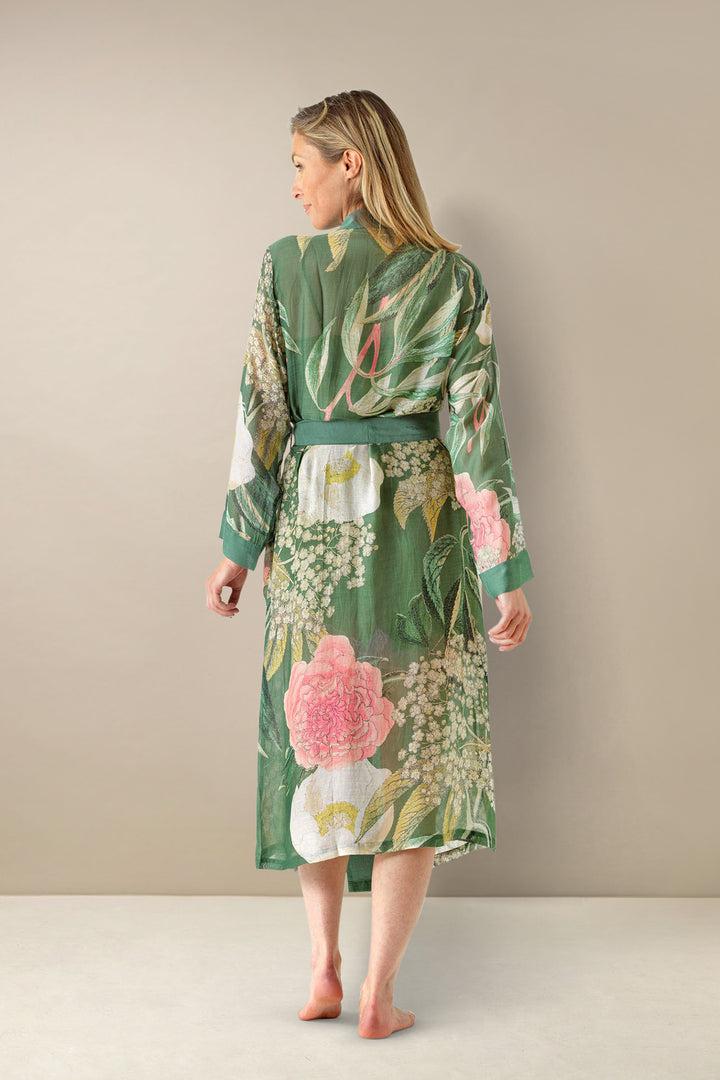ladies belted dressing gown in a kew gardens print green elderflower by One Hundred Stars