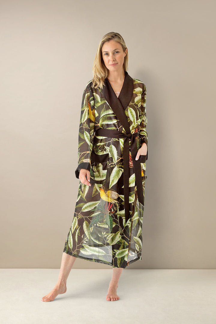 ladies long dressing gown in kew gardens print evergreen black by One Hundred Stars
