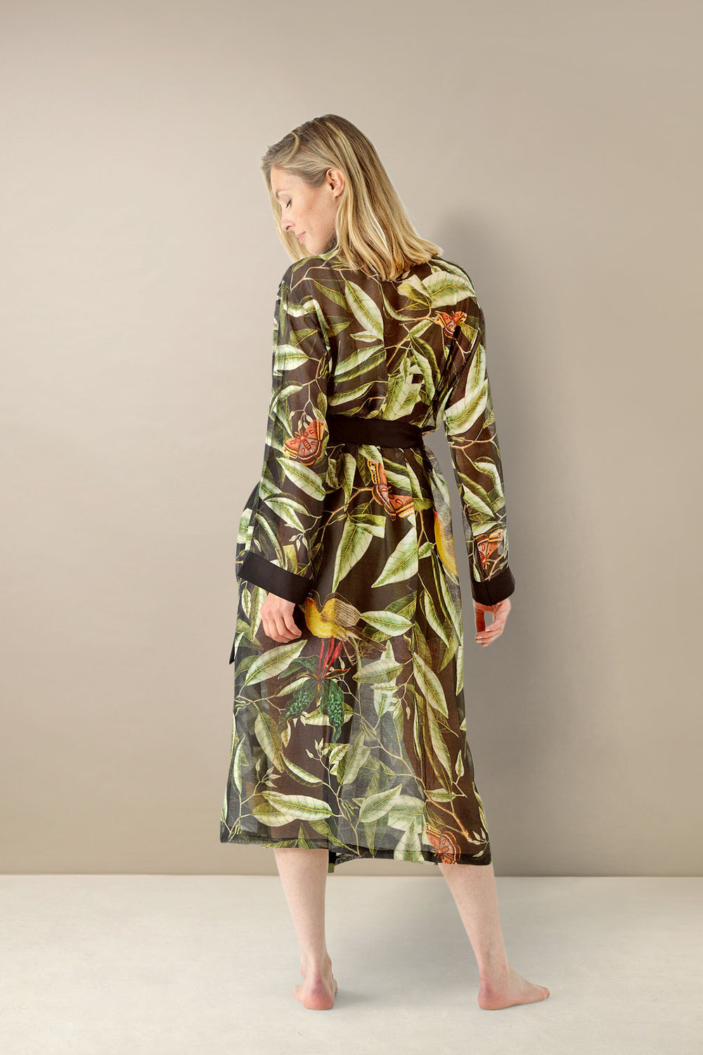 long belted dressing gown ladies in kew gardens print evergreen black by One Hundred Stars