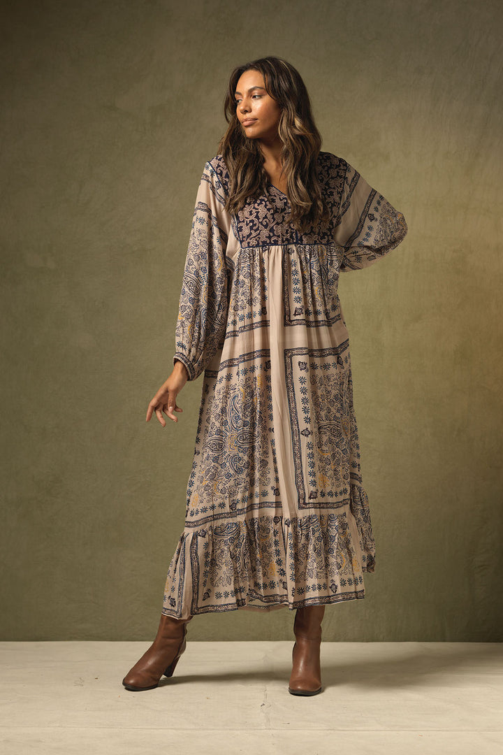 long sleeve ladies maxi dress in Mehindi Blue Pattern and beige background by One Hundred Stars