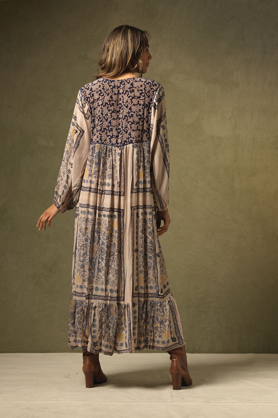 long sleeve winter ladies maxi dress ladies with mehndi blue print on a light brown background by One Hundred Stars