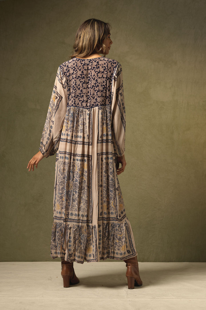 long sleeve ladies maxi dress in Mehindi Blue Pattern and beige background by One Hundred Starss