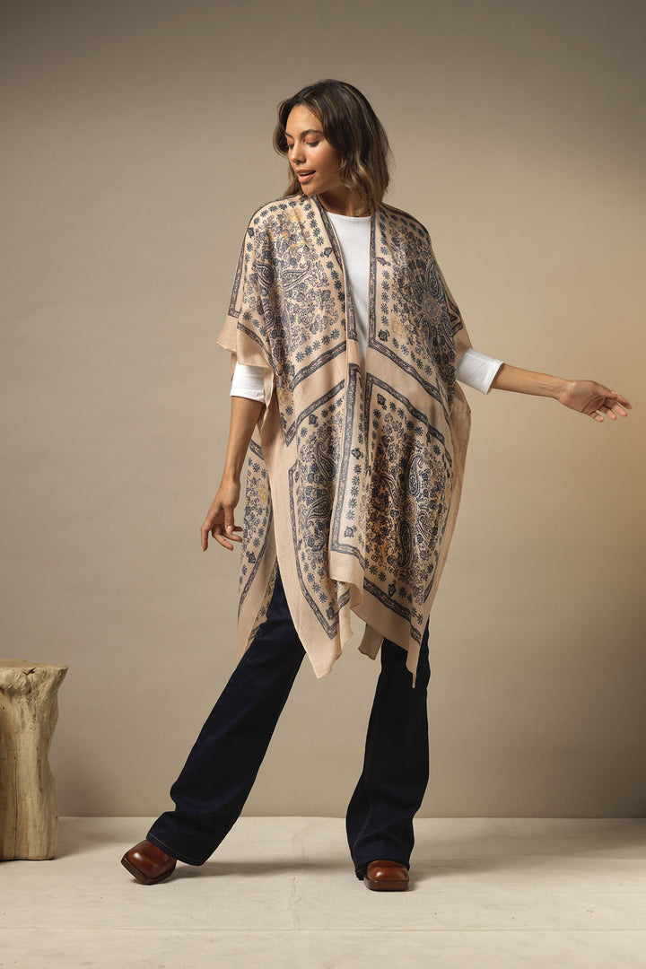 wool throwover kaftan ladies shawl with mehndi blue print on a light brown background by One Hundred Stars