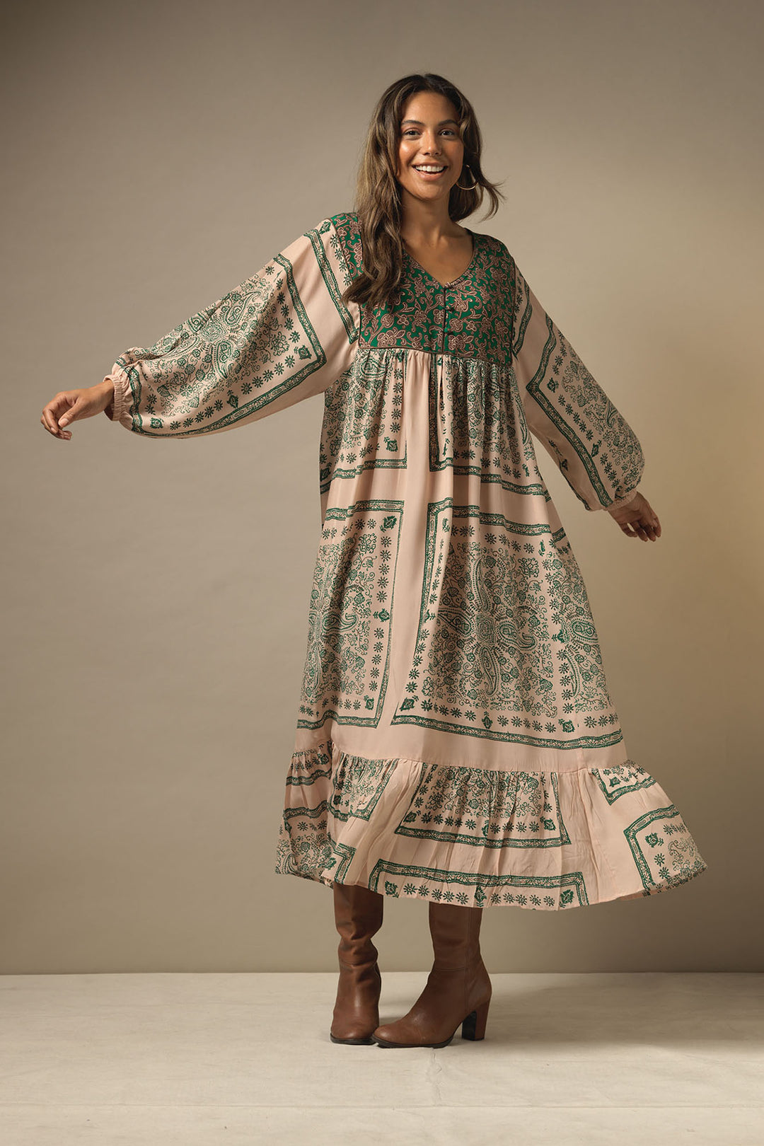 ladies maxi boho dress Party Pockets with mehndi green print on a light brown background by One Hundred Stars