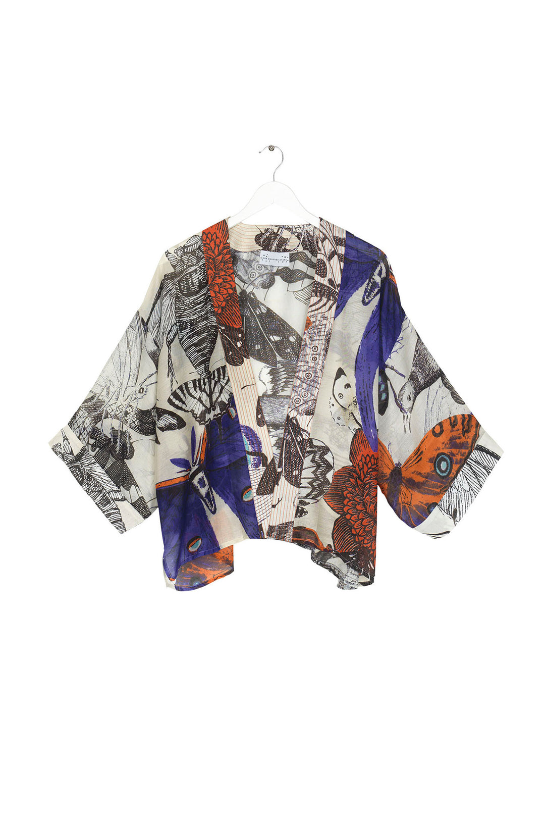 autumn winter ladies short kimono jacket with a butterfly and insect print on a cream background by One Hundred Stars
