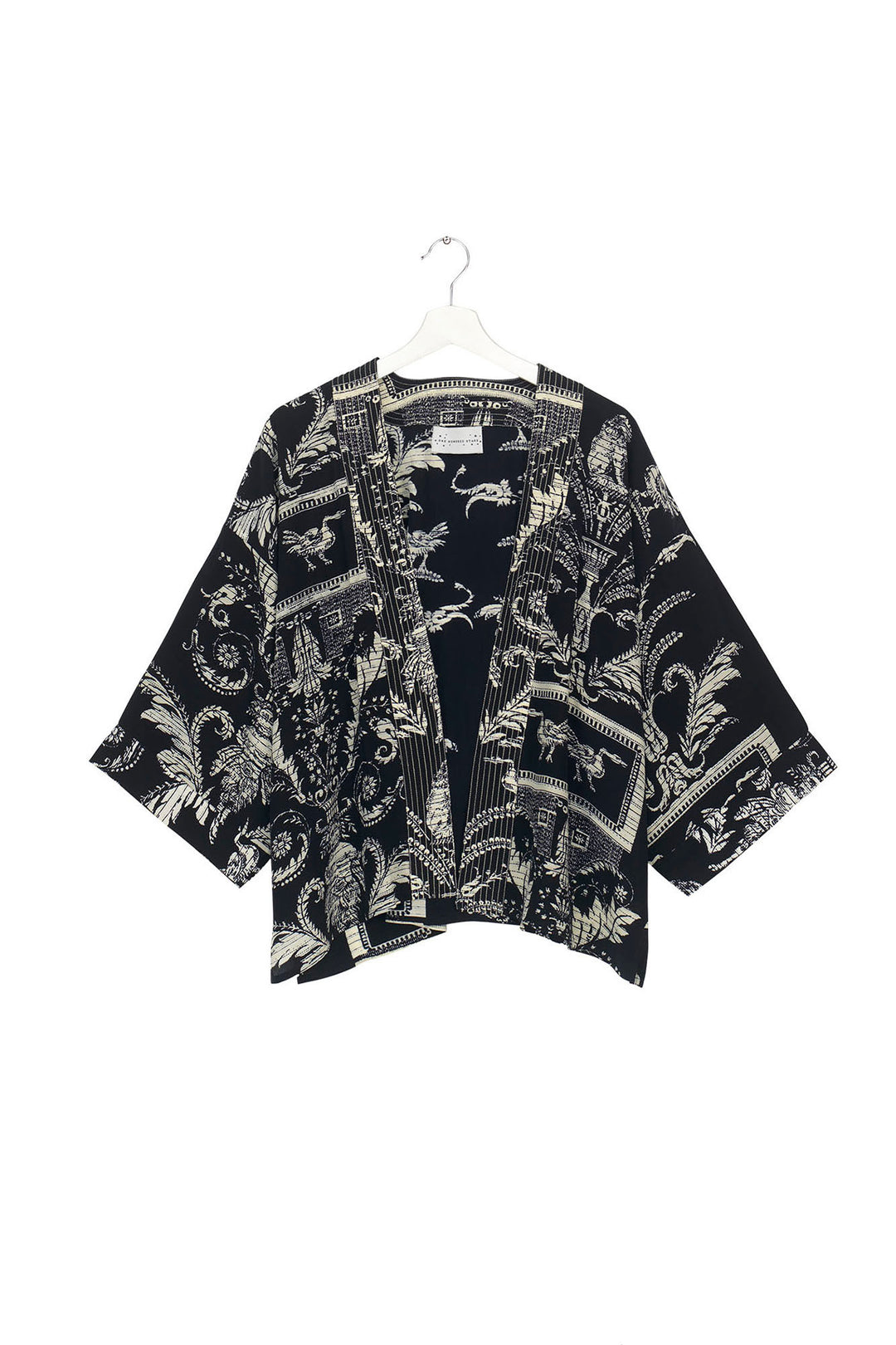 ladies short kimono jacket crepe in black and white vintage damask print by One Hundred Stars