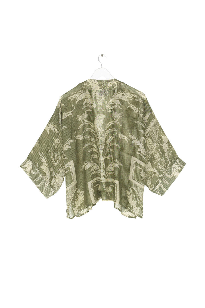ladies mini short kimono jacket in sage green vintage damask print by One Hundred Stars
