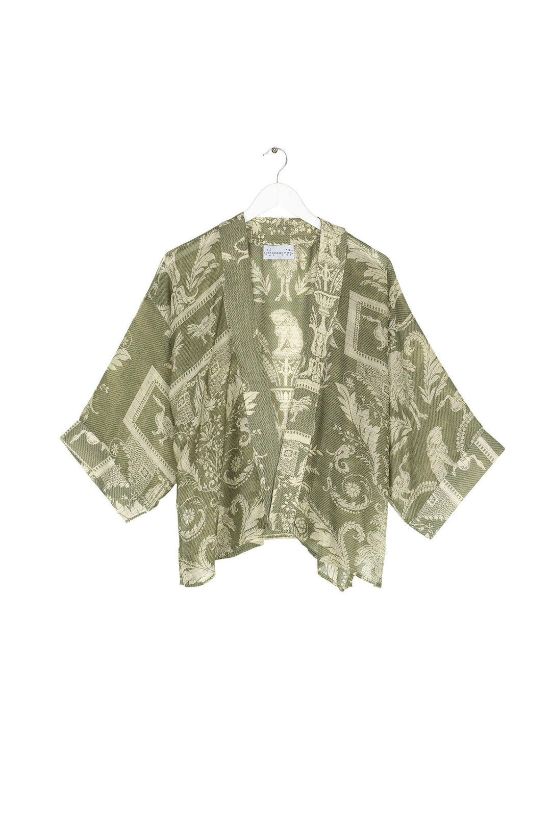 ladies mini short kimono in sage green vintage damask print by One Hundred Stars