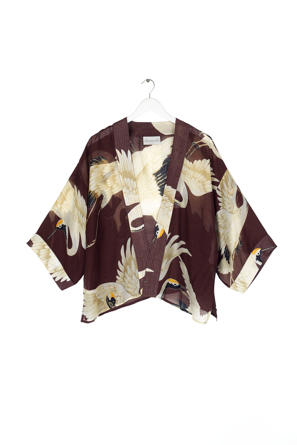 ladies winter short kimono jacket  burgundy background with stork bird print by One Hundred Stars