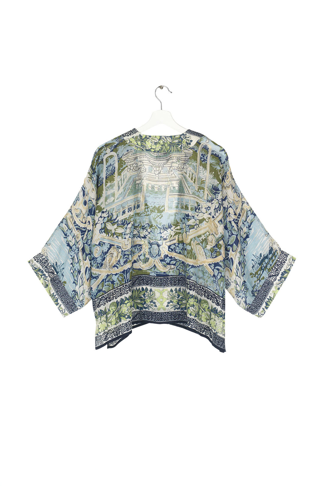 ladies short kimono jacket beautiful garden scenes in sea greens and blues by One Hundred Stars