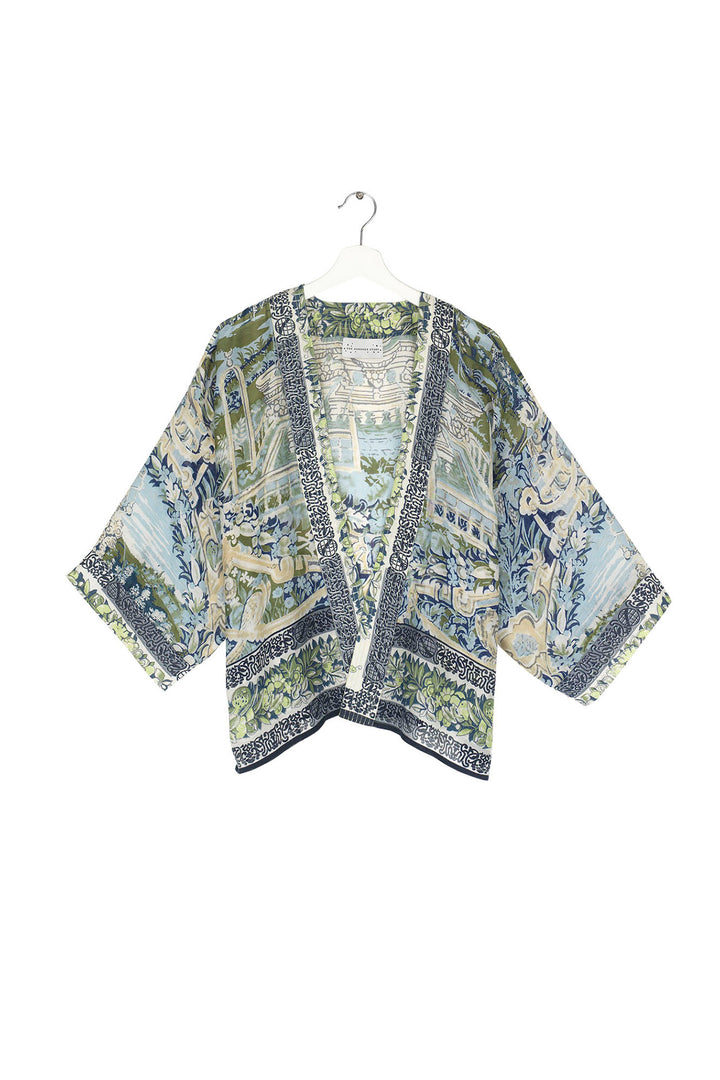 ladies short kimono beautiful garden scenes in sea greens and blues by One Hundred Stars