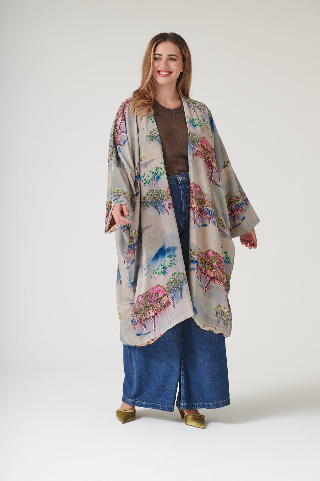 Oriental Landscape Grey Velvet Grande Kimono - One Hundred Stars