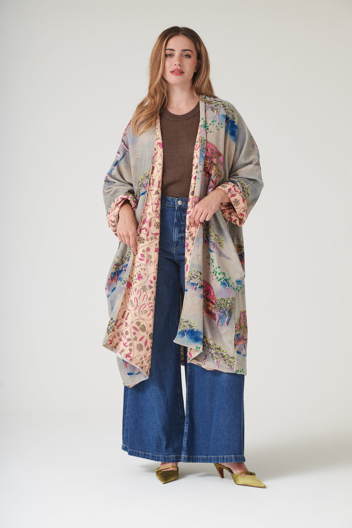 Oriental Landscape Grey Velvet Grande Kimono - One Hundred Stars