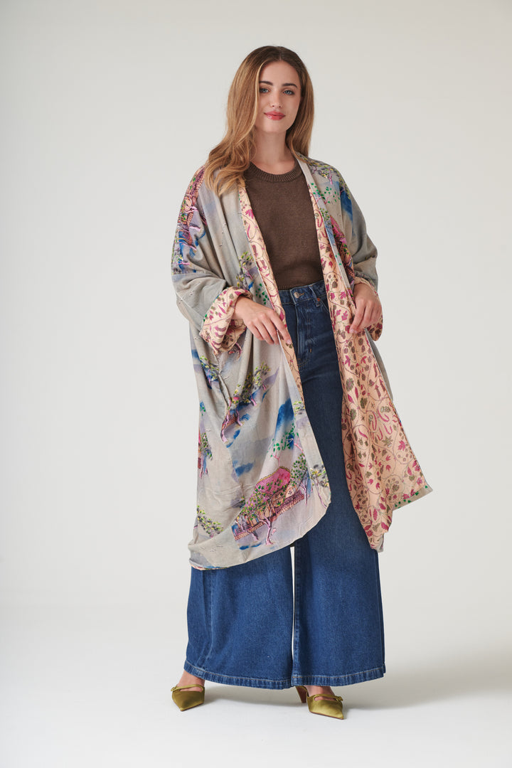 Oriental Landscape Grey Velvet Grande Kimono - One Hundred Stars