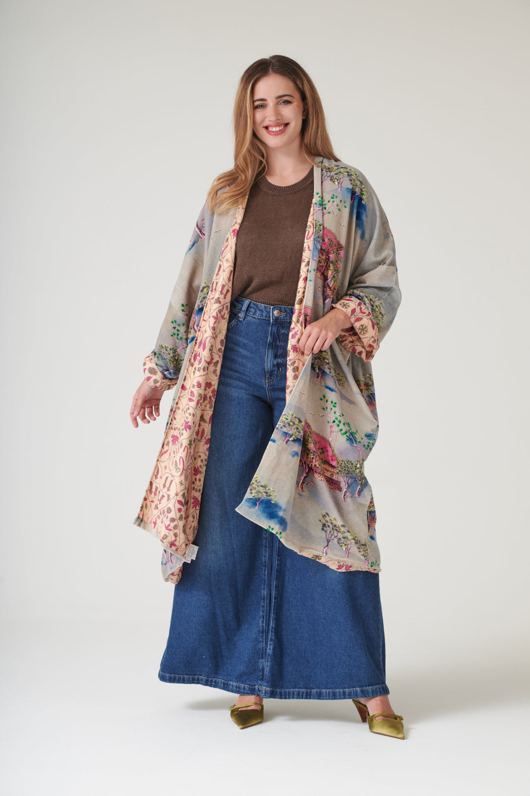 Oriental Landscape Grey Velvet Grande Kimono - One Hundred Stars