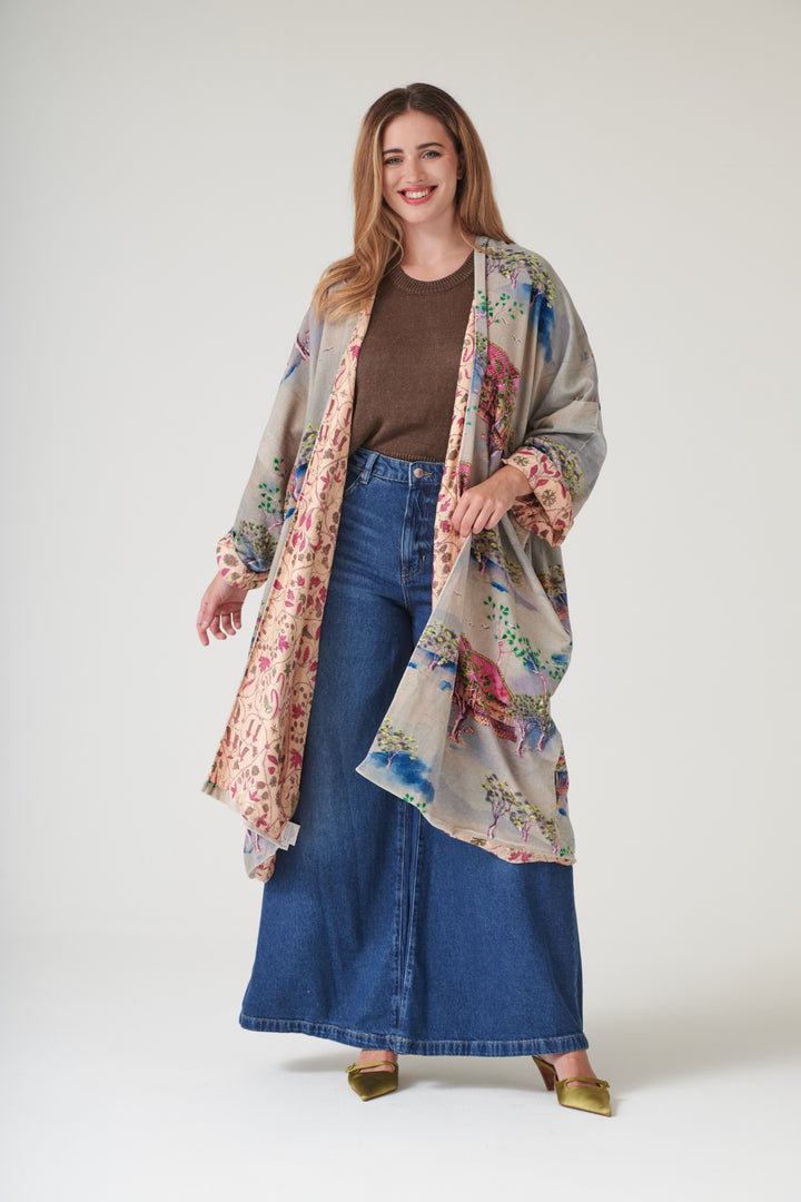 Oriental Landscape Grey Velvet Grande Kimono - One Hundred Stars