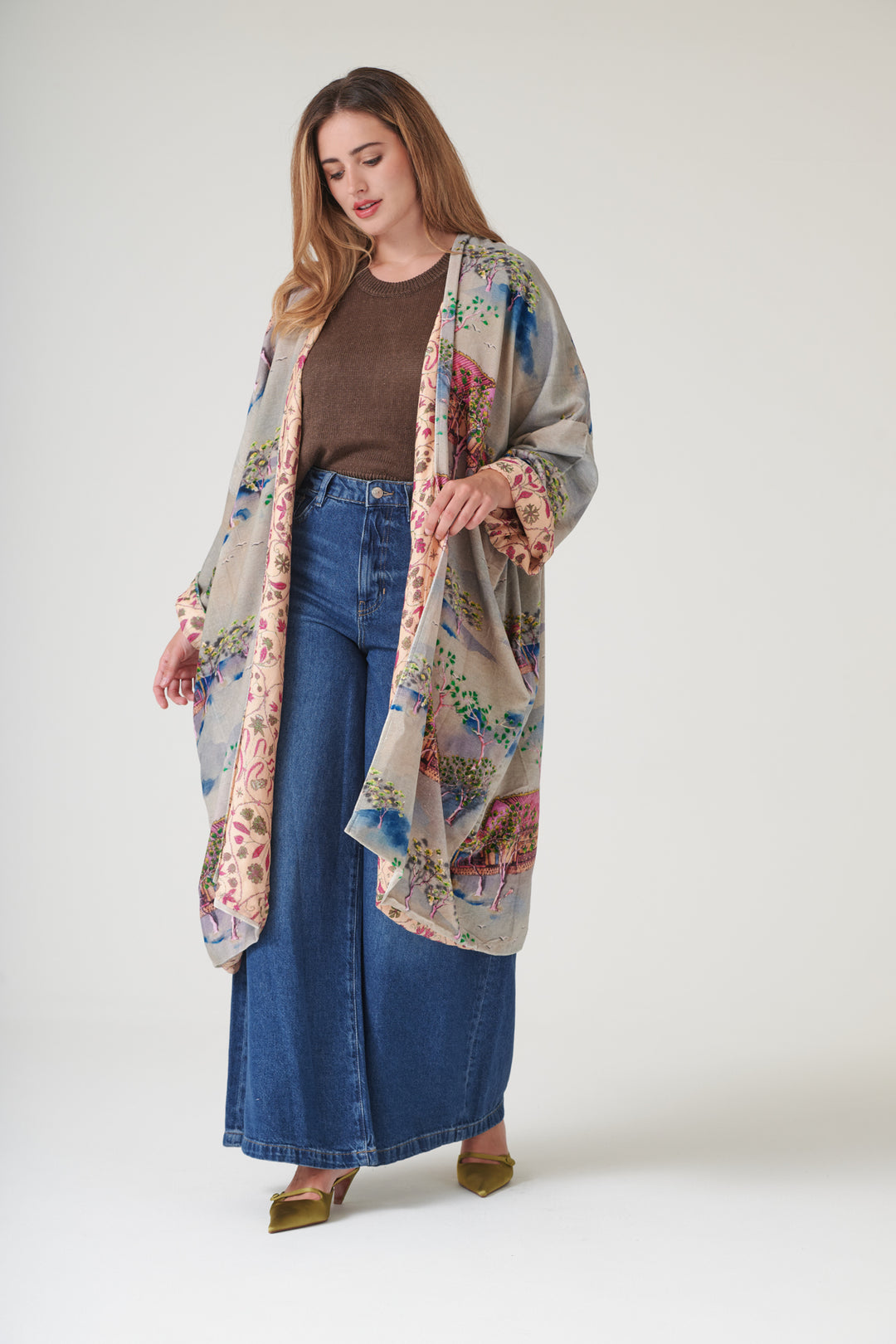 Oriental Landscape Grey Velvet Grande Kimono - One Hundred Stars