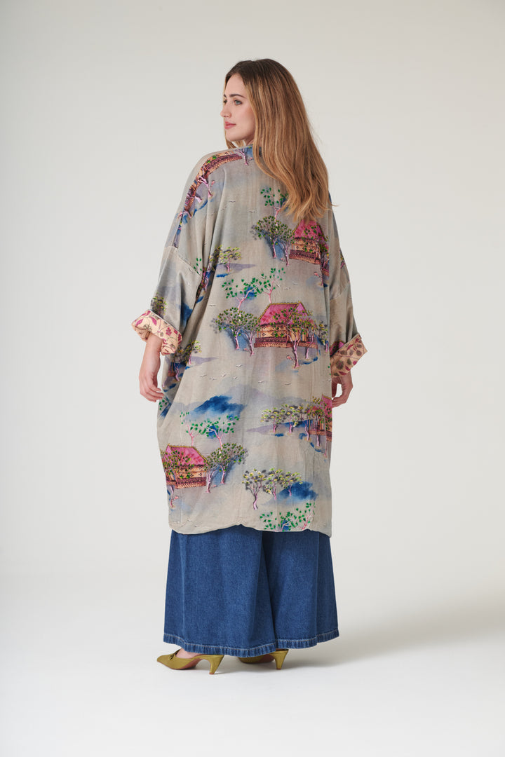 Oriental Landscape Grey Velvet Grande Kimono - One Hundred Stars