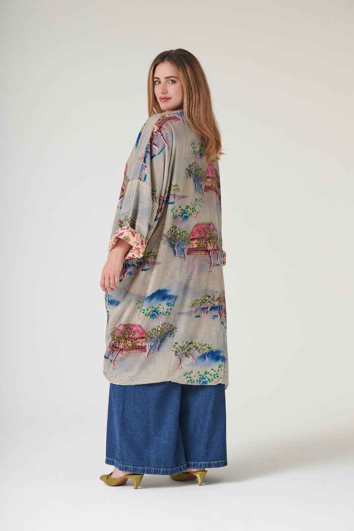 Oriental Landscape Grey Velvet Grande Kimono - One Hundred Stars