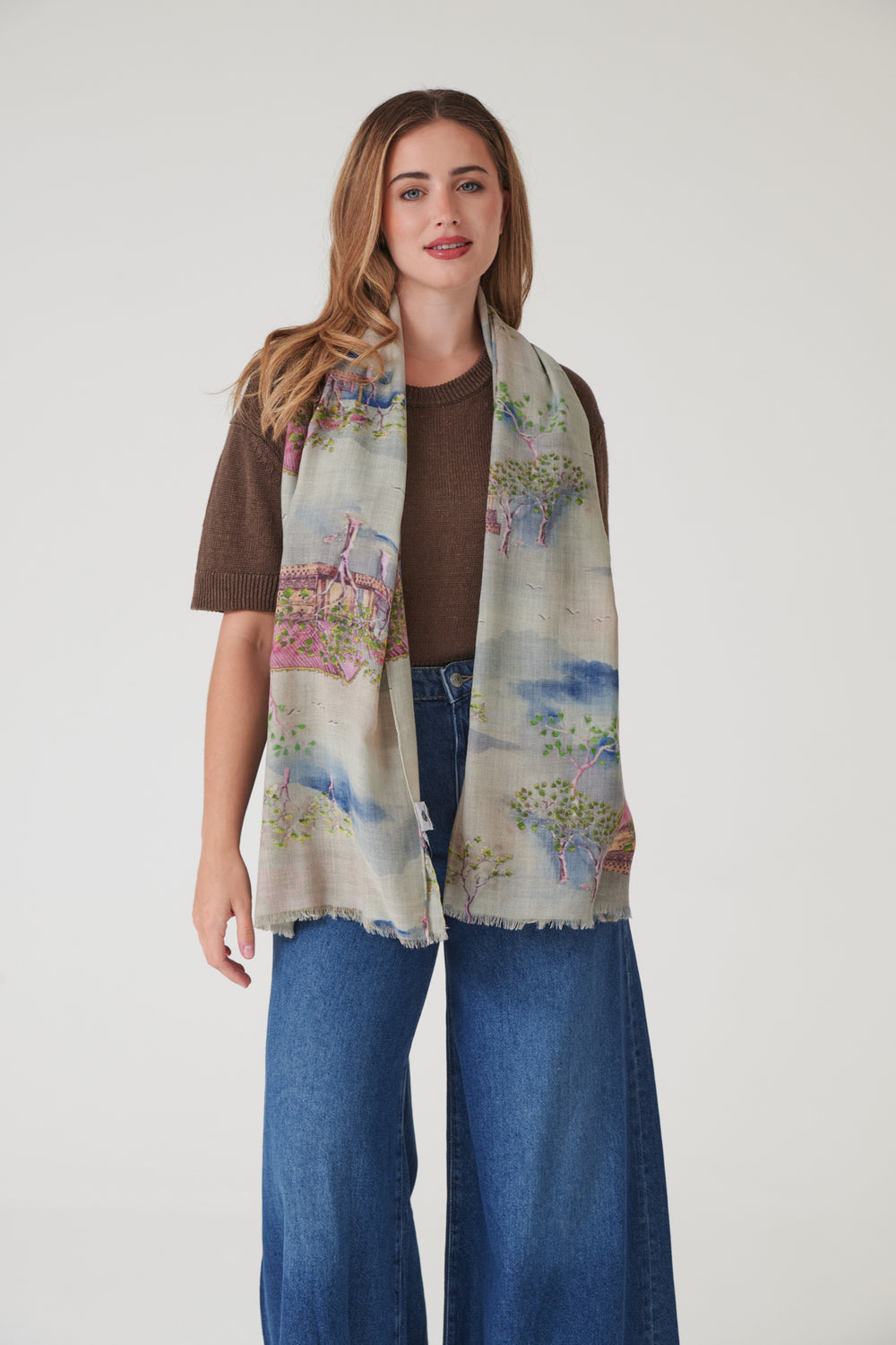 Oriental Landscape Grey Wool Scarf - One Hundred Stars