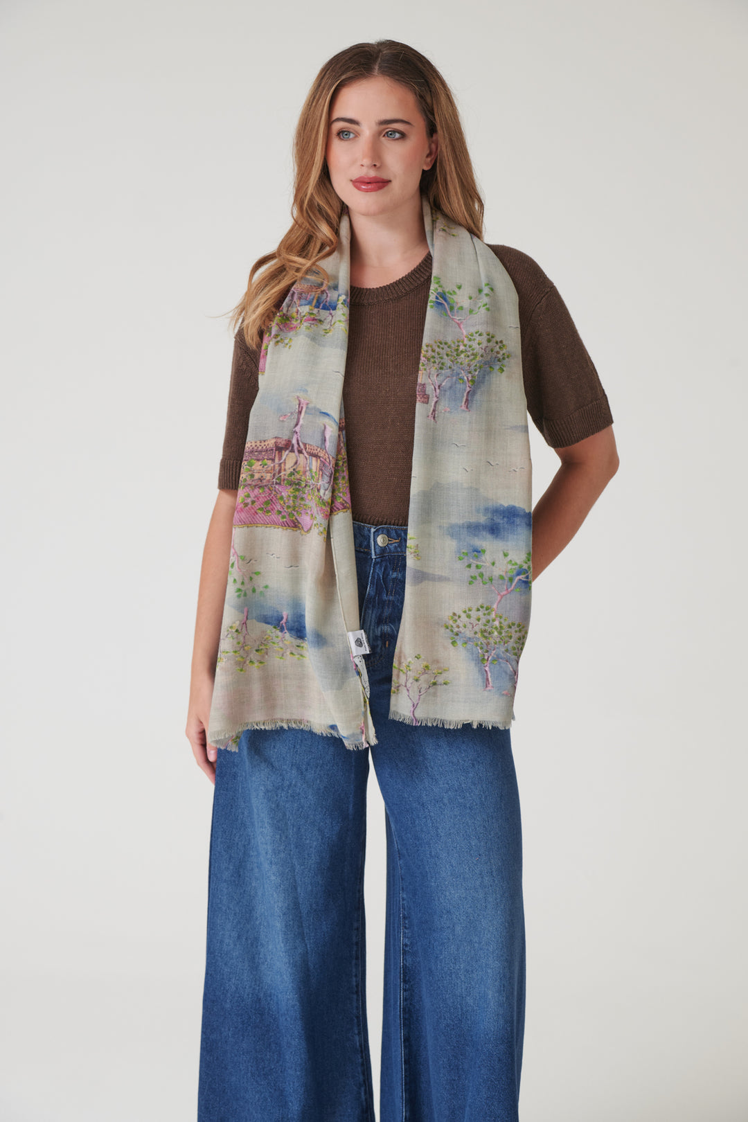 Oriental Landscape Grey Wool Scarf - One Hundred Stars