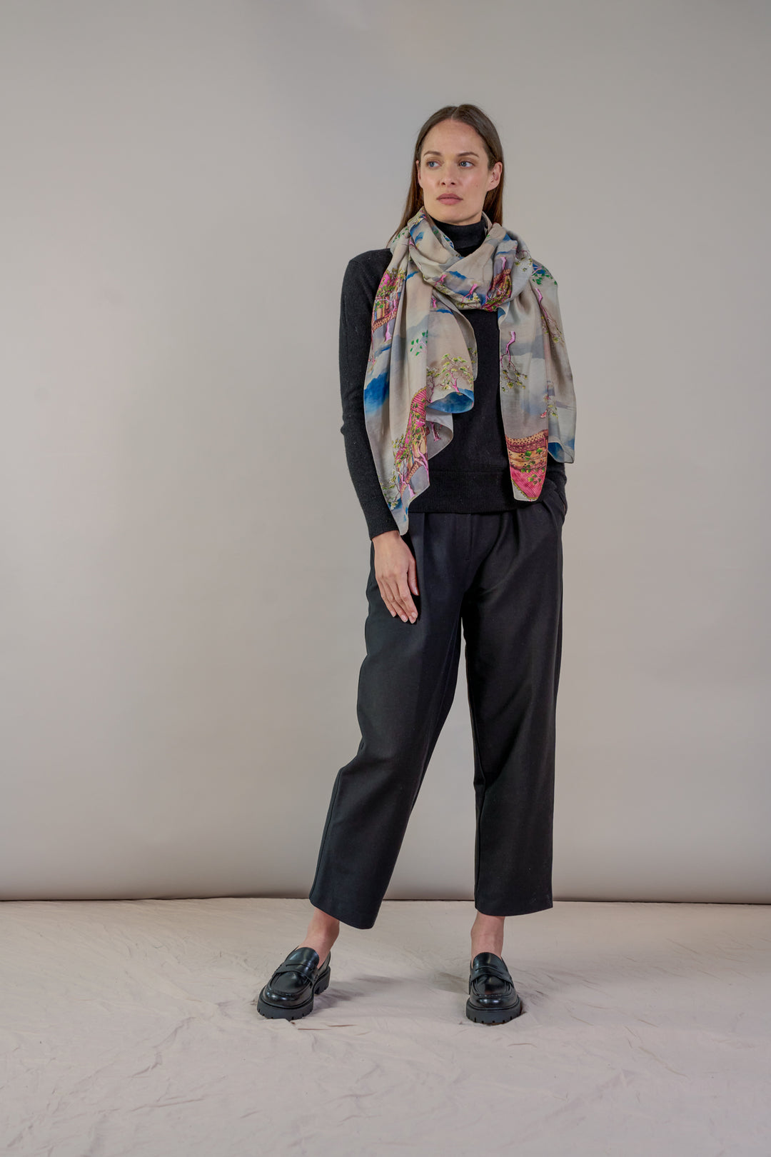 Oriental Landscape Grey Scarf