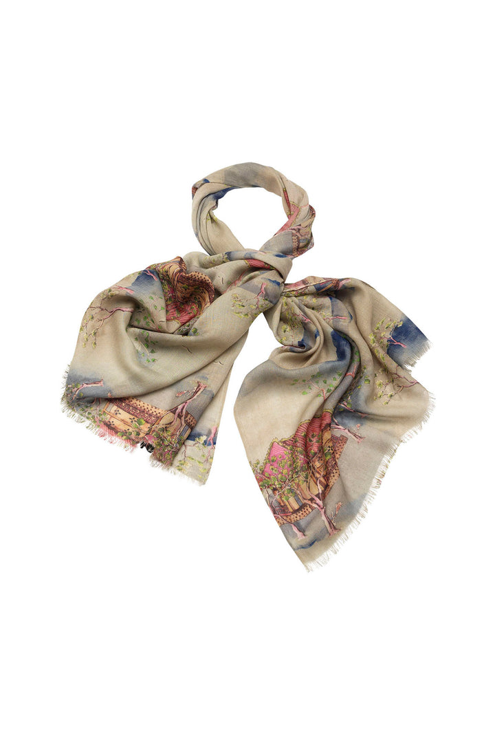 Oriental Landscape Grey Wool Scarf