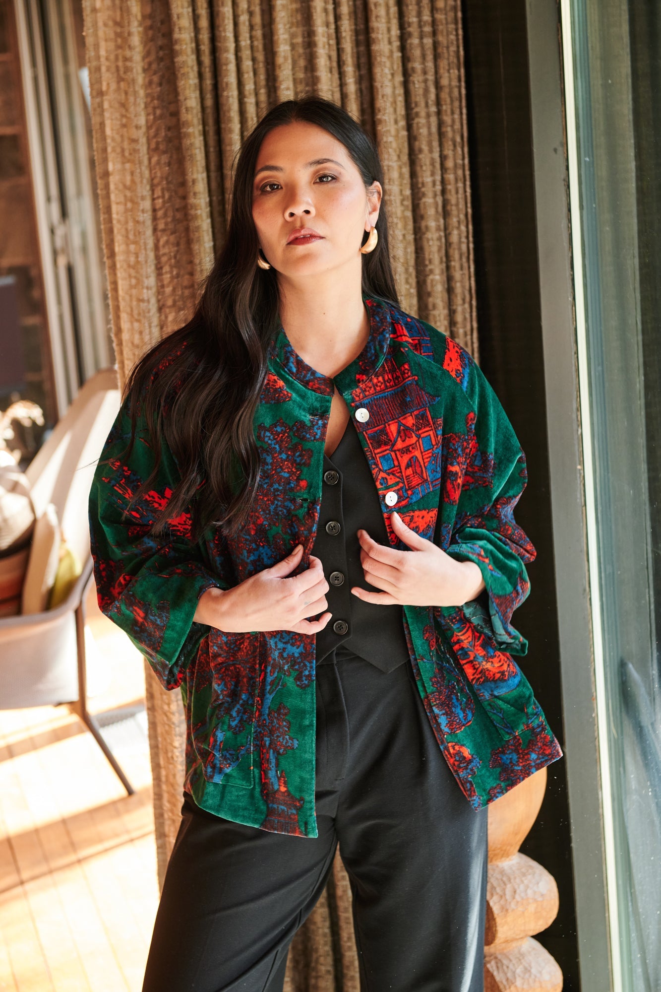 ジャケット・アウター PERIOD FEATURES Hand Painted Swing Top Pagoda Forest Velvet Jacket – One Hundred Stars