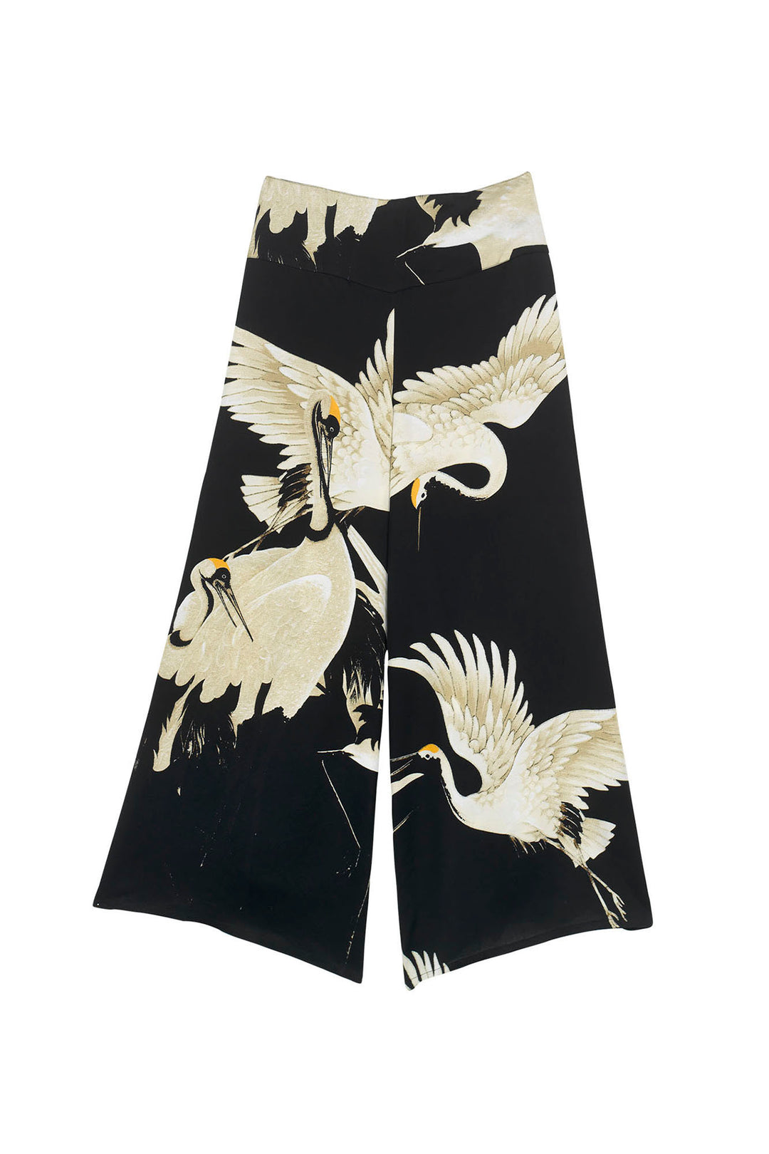 Ladies palazzo satin pants black background with stork bird print by One Hundred Stars