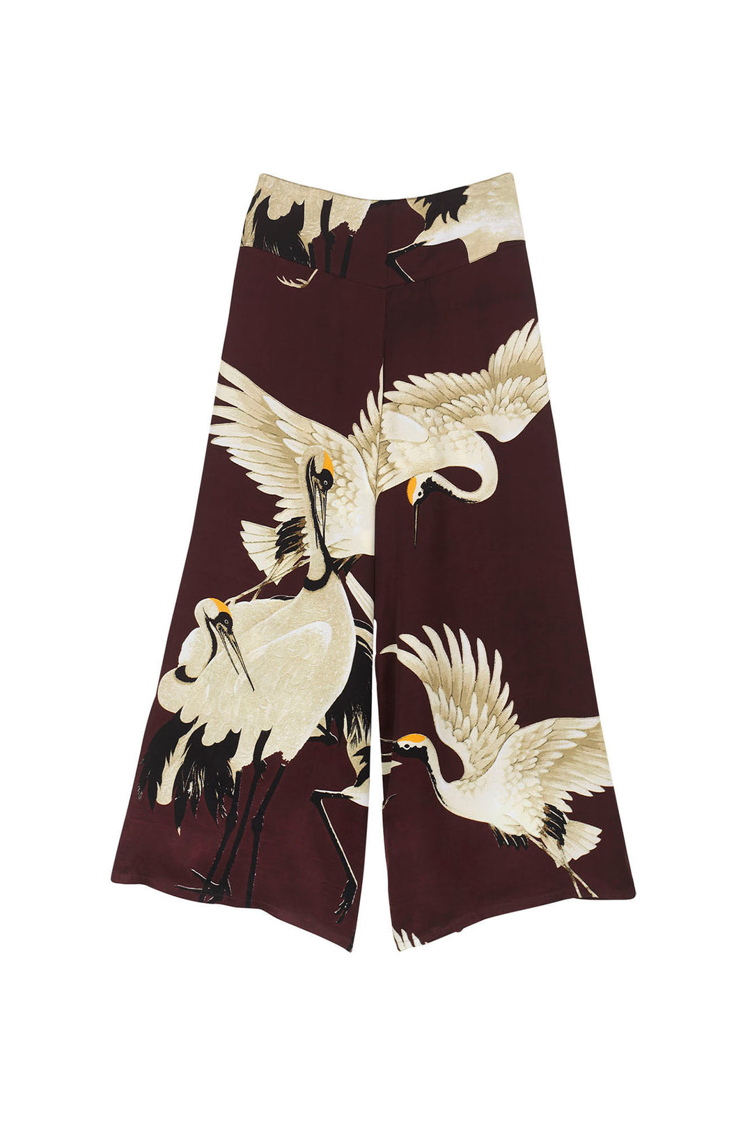 ladies palazzo pants  burgundy background with stork bird print by One Hundred Stars