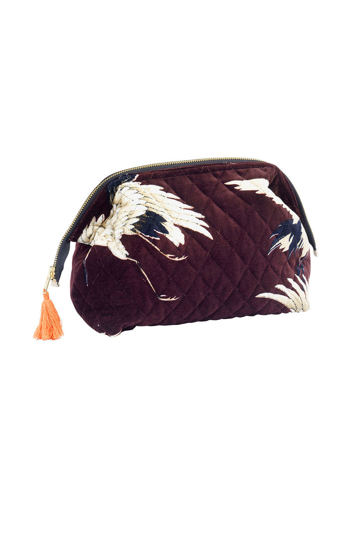 ladies velvet clutch bag  burgundy background with stork bird print by One Hundred Stars