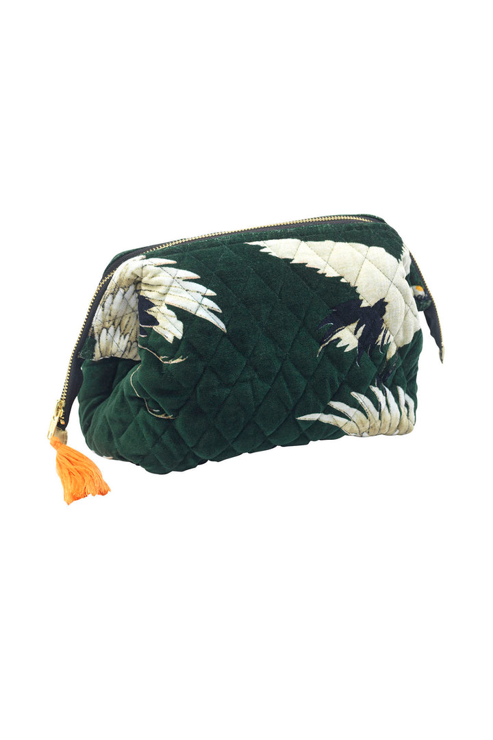 ladies velvet make-up bag clutch green background with stork bird print by One Hundred Stars