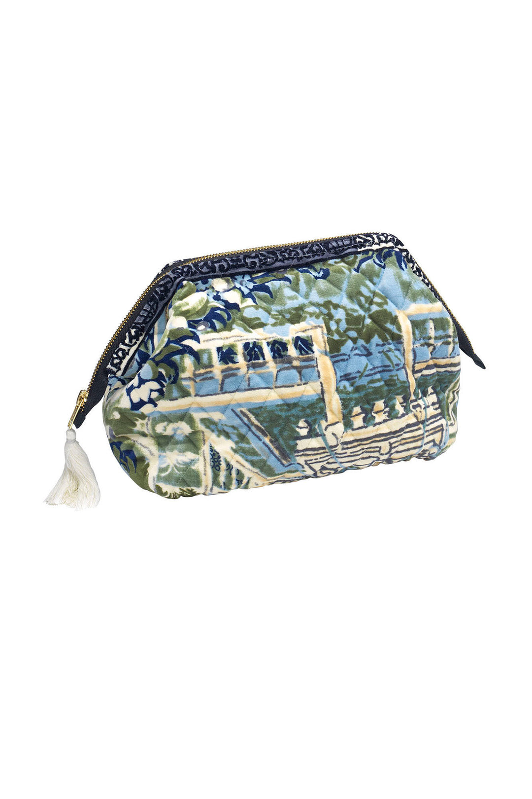 ladies velvet make-up clutch bag beautiful garden scenes in sea greens and blues by One Hundred Stars