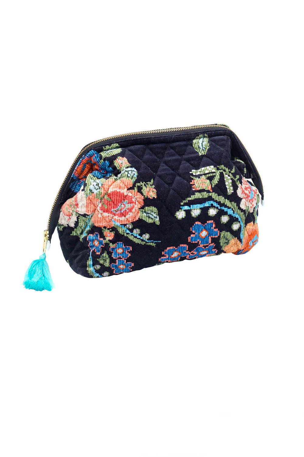 ladies velvet make-up clutch bag in woven flower print featuring colourful flowers on a black background by One Hundred Stars