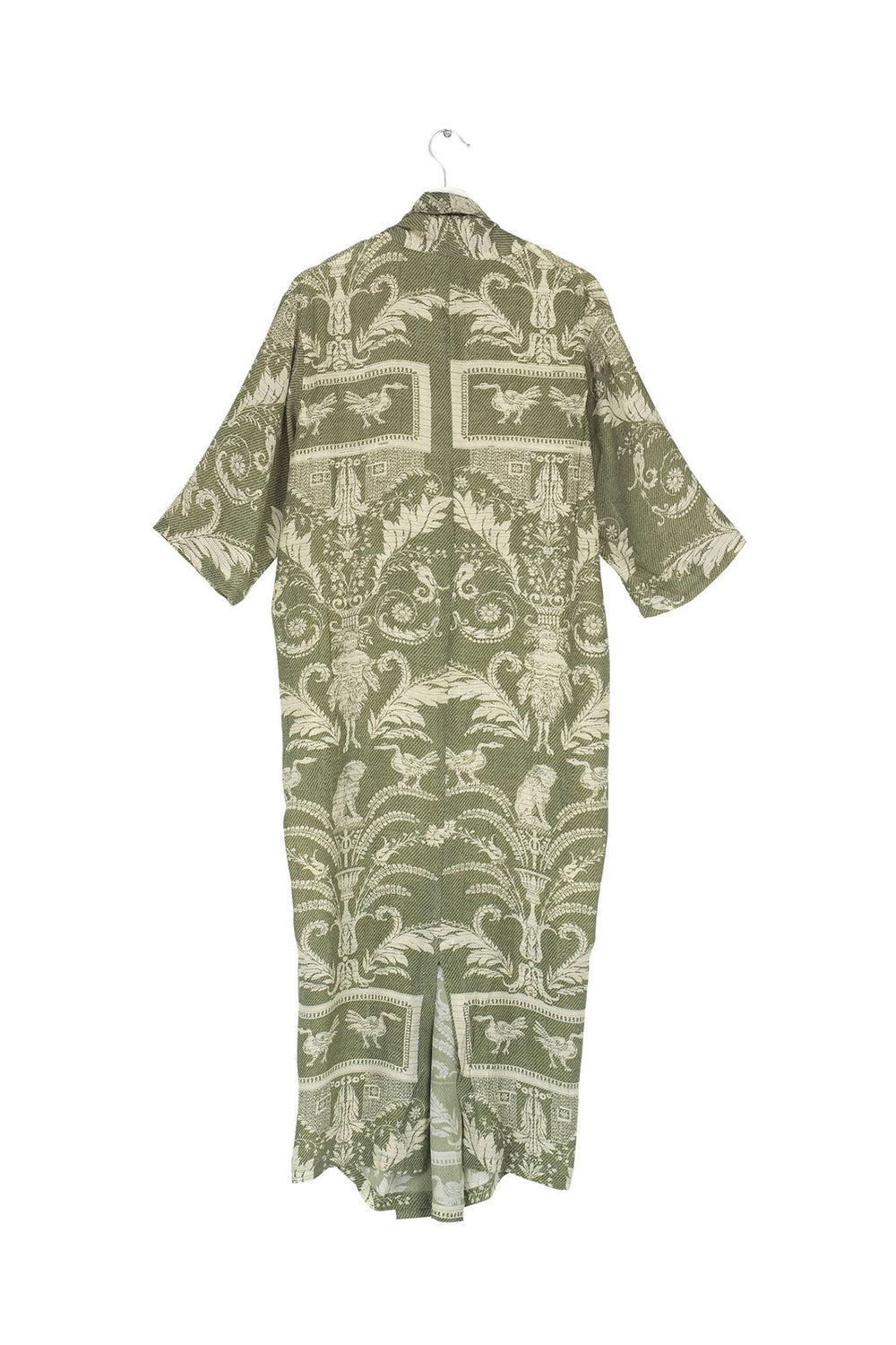 ladies midi length cowl neck rachel dress in sage green vintage damask print by One Hundred Stars